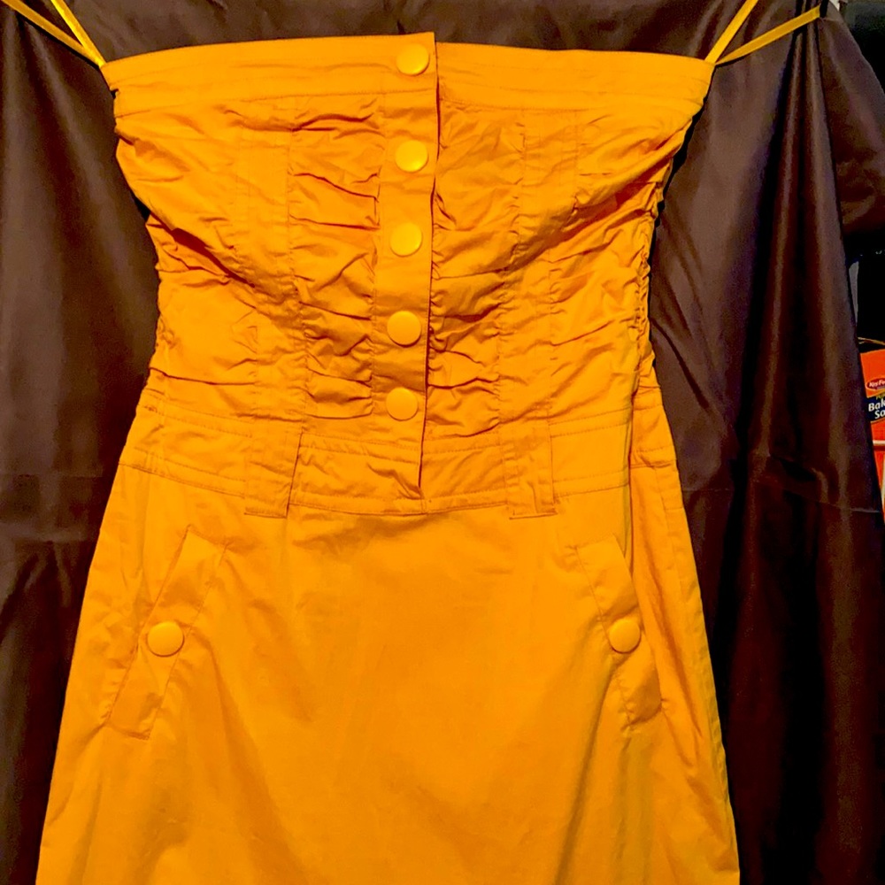 Strapless mustard color mini dress with button down front size 7